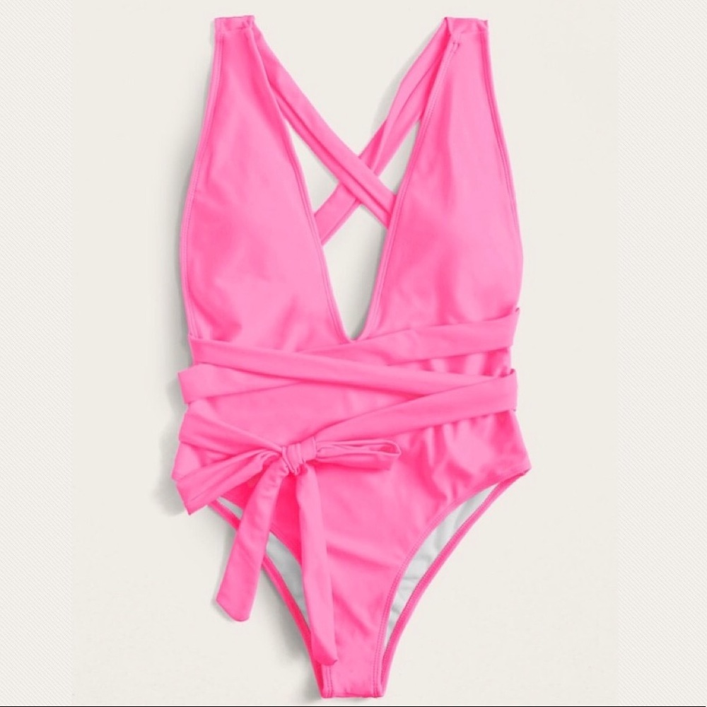 PINK LINED DETAILED CRISS CROSS ONE PIECE SWIMSUIT - Picture 2 of 12